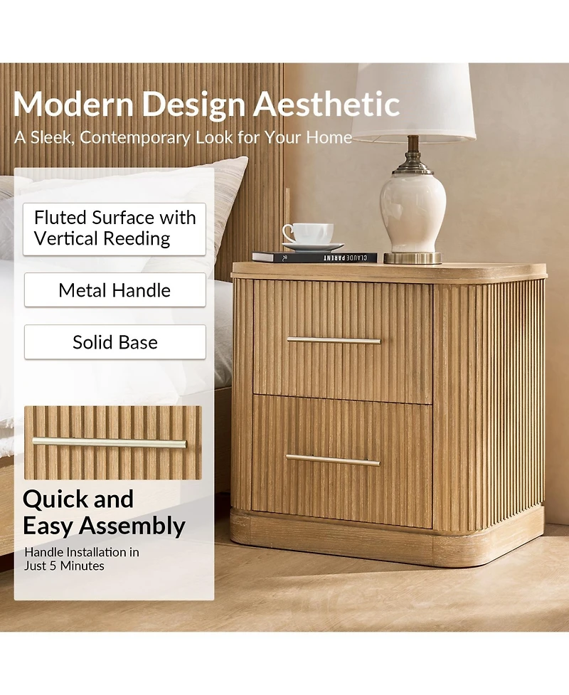 Hulala Home Bertram Modern 26''W 2-Drawer Fluted End Table with Built-in Power Strip