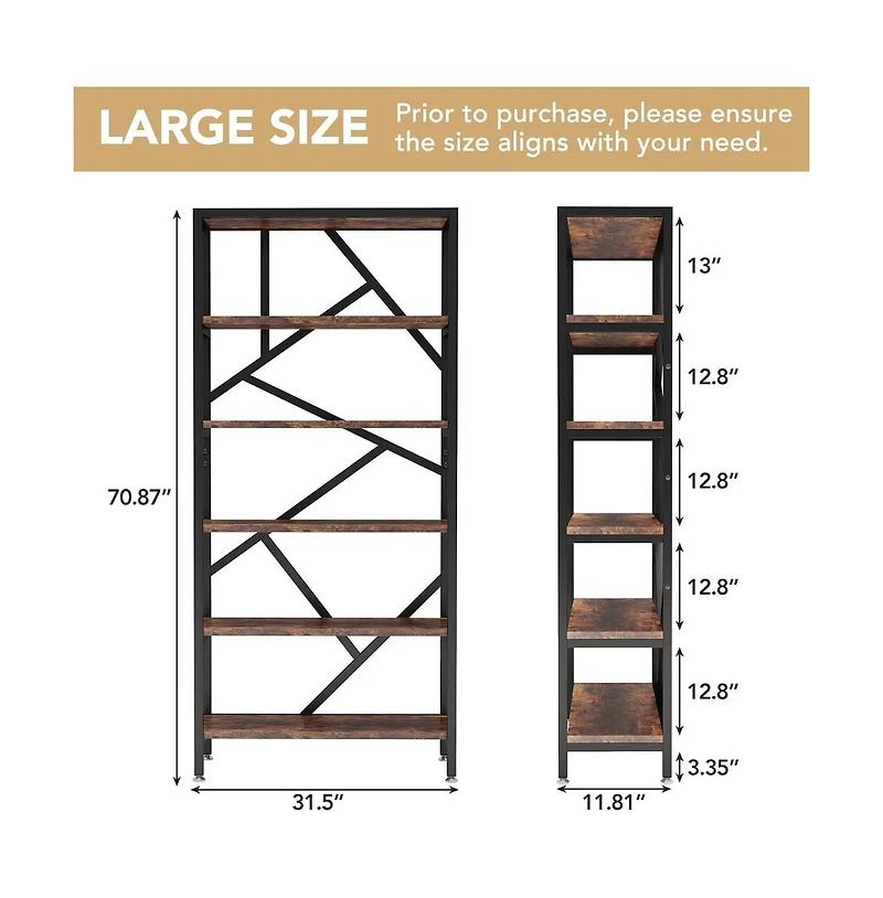 Slickblue Industrial Style Bookcase with 6 Open Shelves for Home Organization