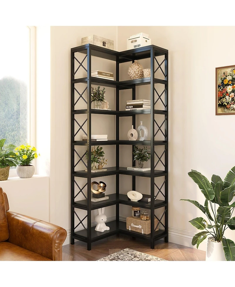 Slickblue Corner Bookcase with 7 Open Storage Shelves