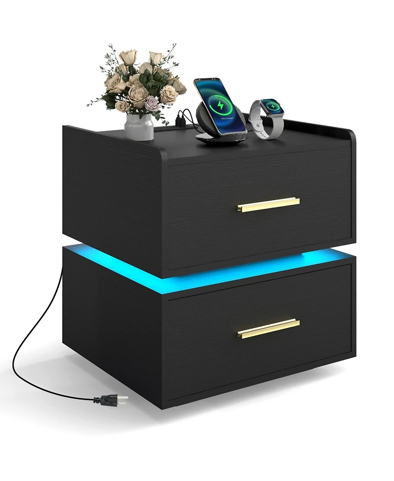 Slickblue Led Bedside Table with Built-In Charging Station and Storage Drawers