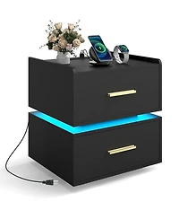 Slickblue Led Bedside Table with Built-In Charging Station and Storage Drawers
