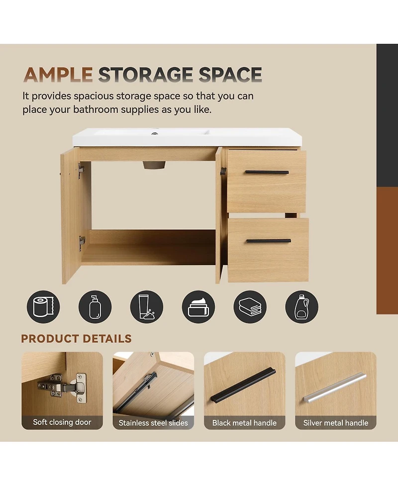 Sillysis 36 Inch Wall Mounted Bathroom Vanity with Drawers, Resin Sink, Soft Close Doors
