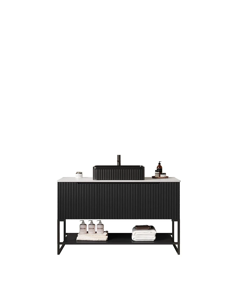 Sillysis 48 Inch Modern Bathroom Vanity with Ceramic Vessel Sink, Sintered Stone Countertop, Soft Close Doors