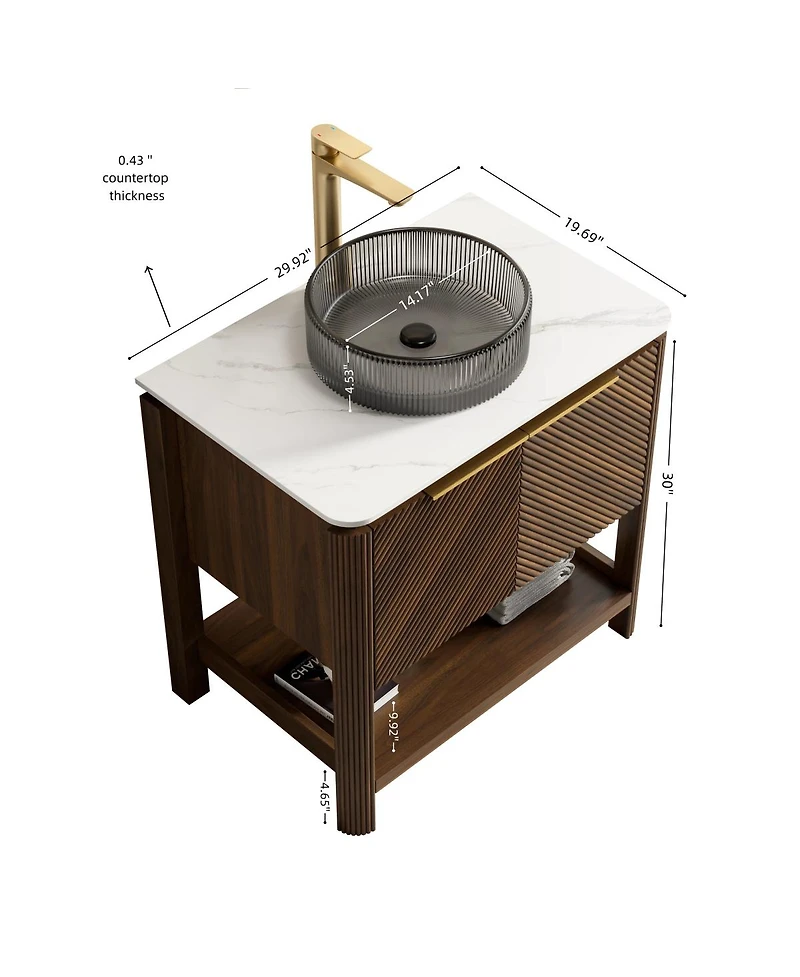 Sillysis Modern Bathroom Vanity with Vessel Sink, Sintered Stone Countertop, Soft Close Solid Wood 3D Doors