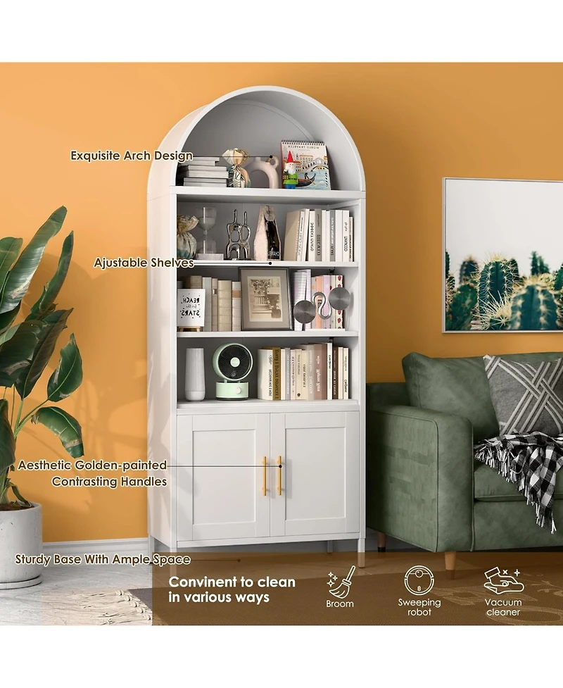 Boyel Living Arched Bookcase Cabinet with Glass Doors, Modern Farmhouse Display Shelf and Open Storage Hutch