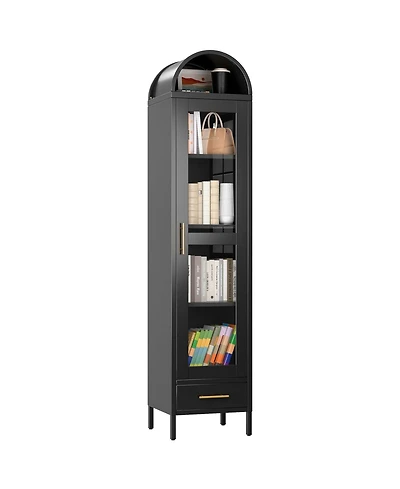 Boyel Living 73'' Metal Arched Bookcase Cabinet, Glass Door Display Shelf with Drawer for Living Room Office