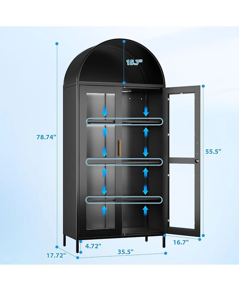 Boyel Living 78.7" Metal Arched Display Cabinet with Glass Doors and Led Lights, Lockable Bookshelf with Adjustable Shelves