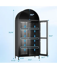 Boyel Living 78.7" Metal Arched Display Cabinet with Glass Doors and Led Lights, Lockable Bookshelf with Adjustable Shelves