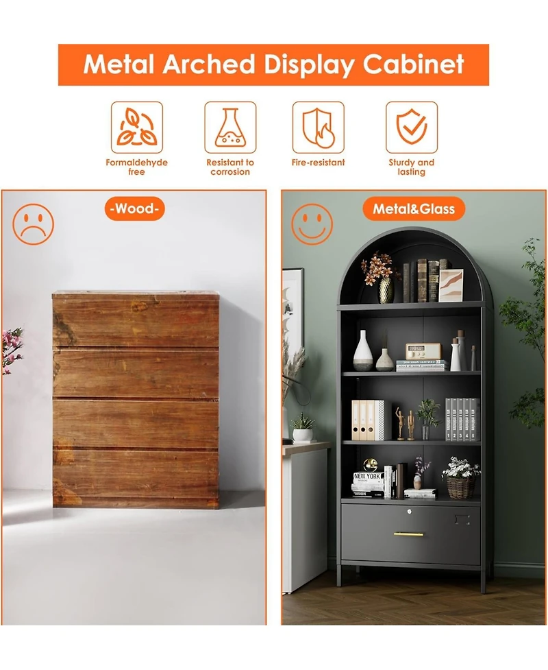 Boyel Living 72.8" Metal Arched Bookcase with File Drawer, Tall Storage Cabinet with Adjustable Shelves for Home Office