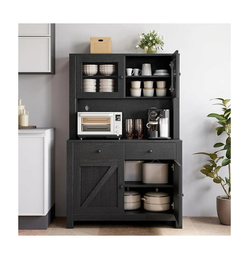 homfan Modern Farmhouse Pantry Cabinet, Engineered Wood Storage Organizer with Adjustable Shelves and Anti-Tip Design, Tempered Glass Door