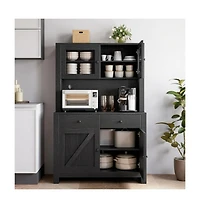 homfan Modern Farmhouse Pantry Cabinet, Engineered Wood Storage Organizer with Adjustable Shelves and Anti-Tip Design, Tempered Glass Door