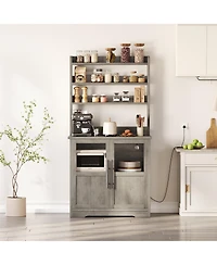 homfan Farmhouse Baker's Rack with Charging Station, Engineered Wood Microwave Storage Hutch Glass Cabinet, Space-Saving Easy Assembly Organizer
