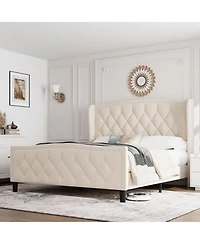 homfan Wingback Tufted Upholstered Bed with Storage Drawers, Built-in Charging Station, Wood Slat Support, No Box Spring Needed, Easy Assembly