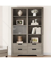homfan 72 Inch Tall 6-Tier Double Wide Farmhouse Bookshelf with 4 Drawers, Heavy Duty Display Shelf Anti-Tip Kit for Living Room and Home Office