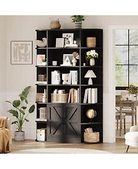 homfan Furniture 6-Tier Wooden Storage Bookcase with Cabinet and Doors, Modern 75 Inch Tall Display Organizer for Activity Room, Living Room Home