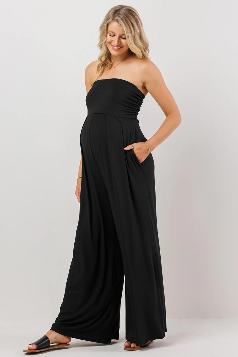 Hello Miz Women's Maternity Strapless Wide Leg Jumpsuit with Pockets