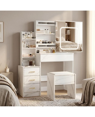 homfan Modern Vanity Desk with Sliding Led Mirror, 4 Drawers, Storage Shelves, Power Outlet, Cushioned Stool, Bedroom Table with 3-Color Lighting