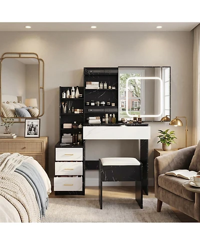 homfan Modern Vanity Desk with Sliding Led Mirror, 4 Drawers, Storage Shelves, Power Outlet, Cushioned Stool, Bedroom Table with 3-Color Lighting