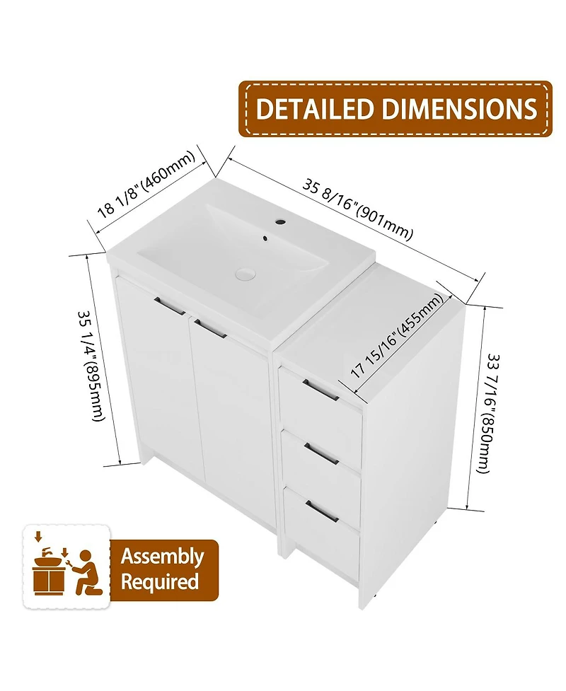 Sillysis 35.4 Inch Freestanding Bathroom Vanity with Resin Sink, Soft Close Doors, Water-Resistant, Storage Cabinet