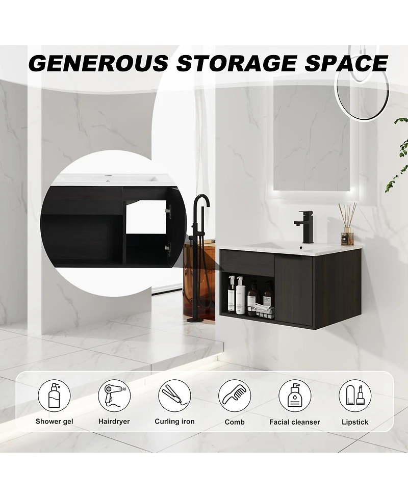 Sillysis Wall Mounted Bathroom Vanity with Ceramic Sink, Soft Close Door, Open Shelf Storage