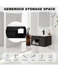 Sillysis Wall Mounted Bathroom Vanity with Ceramic Sink, Soft Close Door, Open Shelf Storage