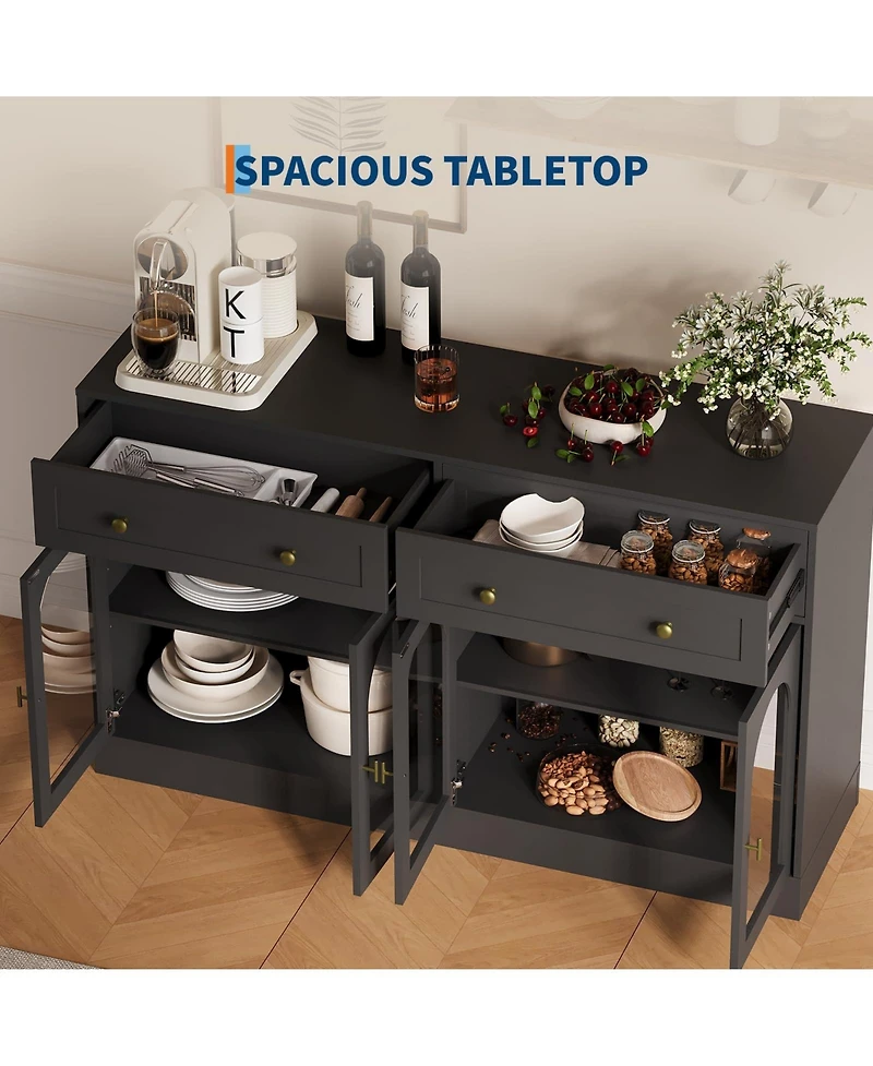 homfan 55 Inch Farmhouse Wooden Sideboard Buffet, Storage Console Table with 4 Acrylic Doors and 2 Drawers for Kitchen, Living Room Entryway