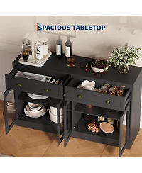 homfan 55 Inch Farmhouse Wooden Sideboard Buffet, Storage Console Table with 4 Acrylic Doors and 2 Drawers for Kitchen, Living Room Entryway