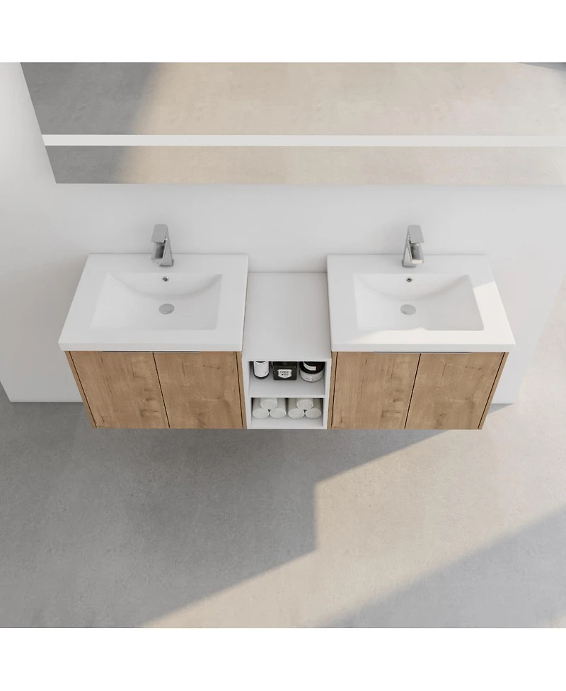 Sillysis 59 Inch Wall Mounted Double Bathroom Vanity with Resin Sinks, Plywood Cabinets and Open Storage for Modern Bathrooms