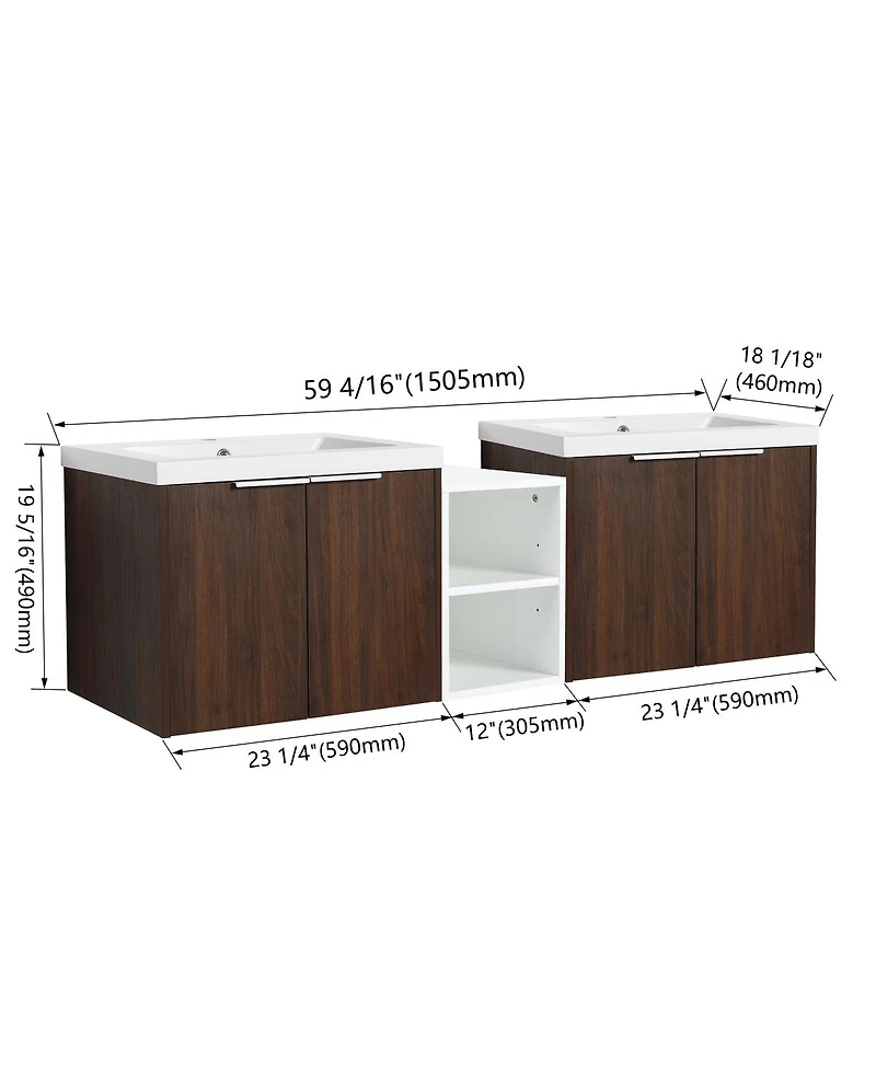 Sillysis 59 Inch Wall Mounted Double Bathroom Vanity with Resin Sinks, Plywood Cabinets and Open Storage for Modern Bathrooms
