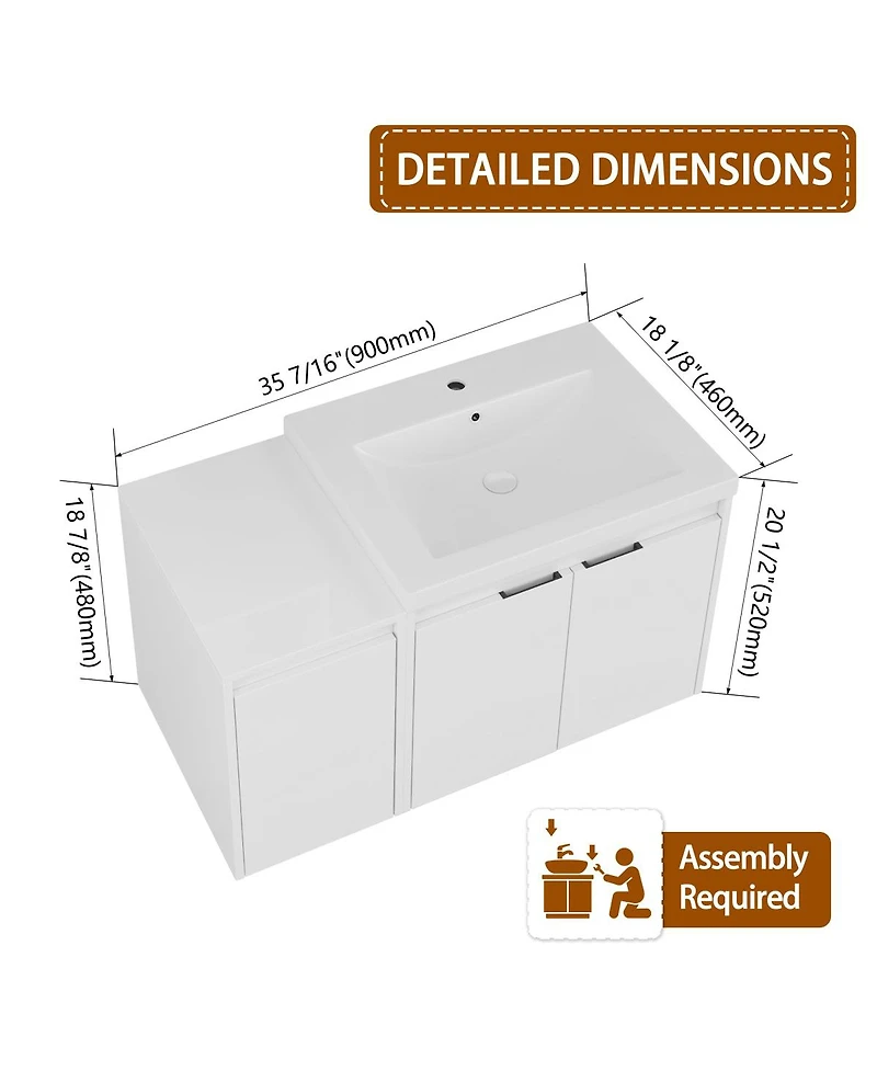 Sillysis 35.4 Inch Wall Mounted Bathroom Vanity with Resin Sink, Soft Close Doors, Water-Resistant Cabinet