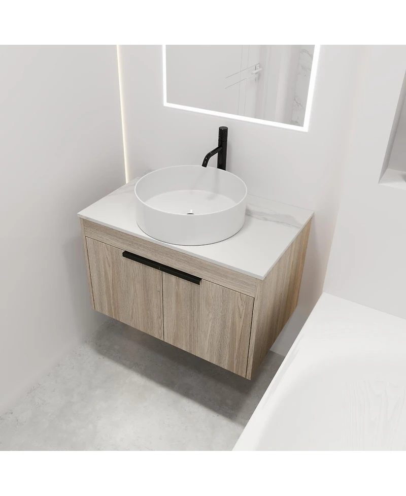 Sillysis 24" Wall Mounted Bathroom Vanity with Ceramic Vessel Sink, White Stone Top, Soft Close Doors