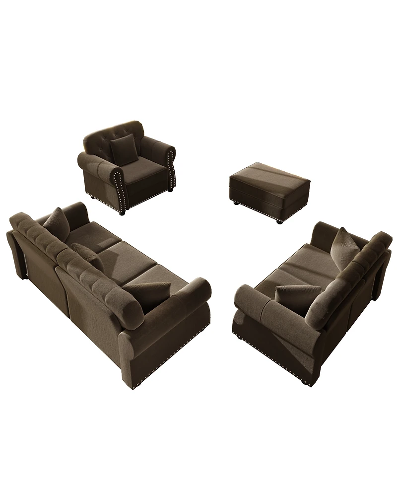 Streamdale Furniture Velvet Chesterfield Sofa with Nailhead Trim Rolled Arms and Ottoman