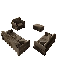 Streamdale Furniture Velvet Chesterfield Sofa with Nailhead Trim Rolled Arms and Ottoman