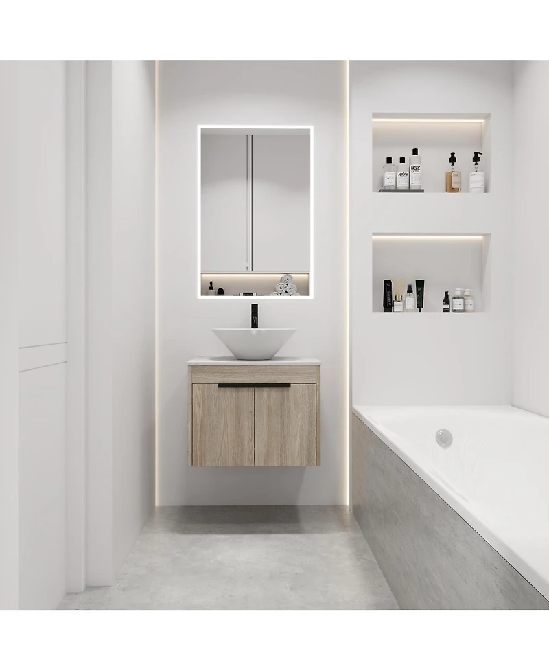 Sillysis Wall Mounted Bathroom Vanity with Ceramic Vessel Sink, Stone Top, Soft Close Doors