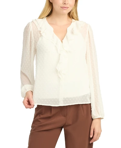 Bcx Juniors' Split V-Neck Ruffle Long-Sleeve Blouse