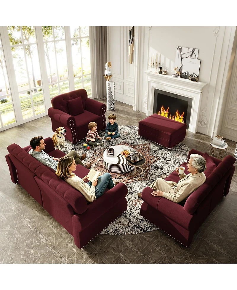 Streamdale Furniture Velvet Chesterfield Sofa with Nailhead Trim and Ottoman