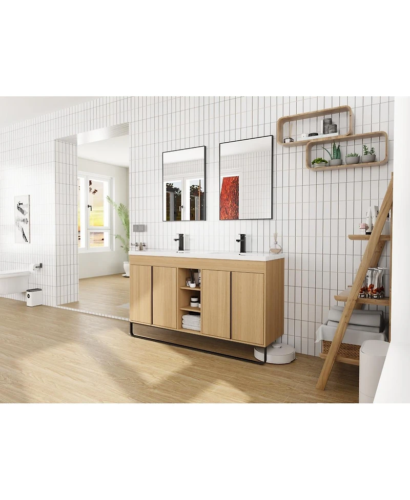 Sillysis 59 Inch Freestanding Double Sink Bathroom Vanity with Soft Close Doors, Open Storage and Towel Bar, Modern Plywood Cabinet