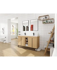 Sillysis 59 Inch Freestanding Double Sink Bathroom Vanity with Soft Close Doors, Open Storage and Towel Bar, Modern Plywood Cabinet