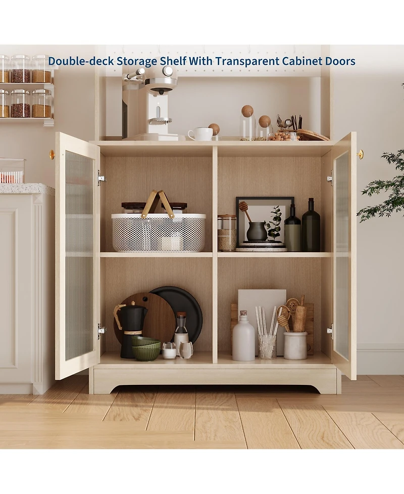 homfan Freestanding Pantry Hutch, 6-Tier Sideboard with Glass Doors, Pegboard Panel and Open Shelves for Kitchen, Dining Room Coffee Bar