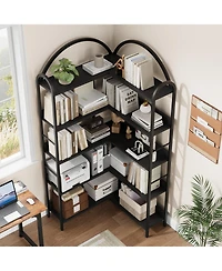 homfan 5-Tier L-Shaped Corner Bookshelf, Industrial Bookcase with Metal Frame, Open Wood and Storage Shelves, Office Display Rack