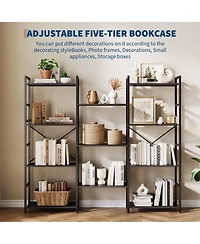 homfan Triple 4-Tier Open Bookshelf, Industrial Iron Frame Wooden Storage Rack, Multi-Scene Easy-Assembly Home and Office Display Organizer