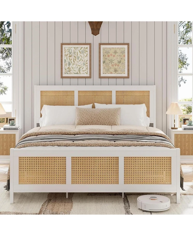 gaomon Rattan Platform Bed with Headboard, Metal Slats