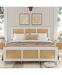 gaomon Rattan Platform Bed with Headboard, Metal Slats
