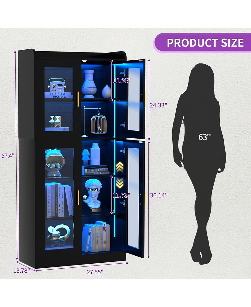 Aheaplus 5-Tier Tall Display Bookcase with Shelves and Glass Doors Led Lights