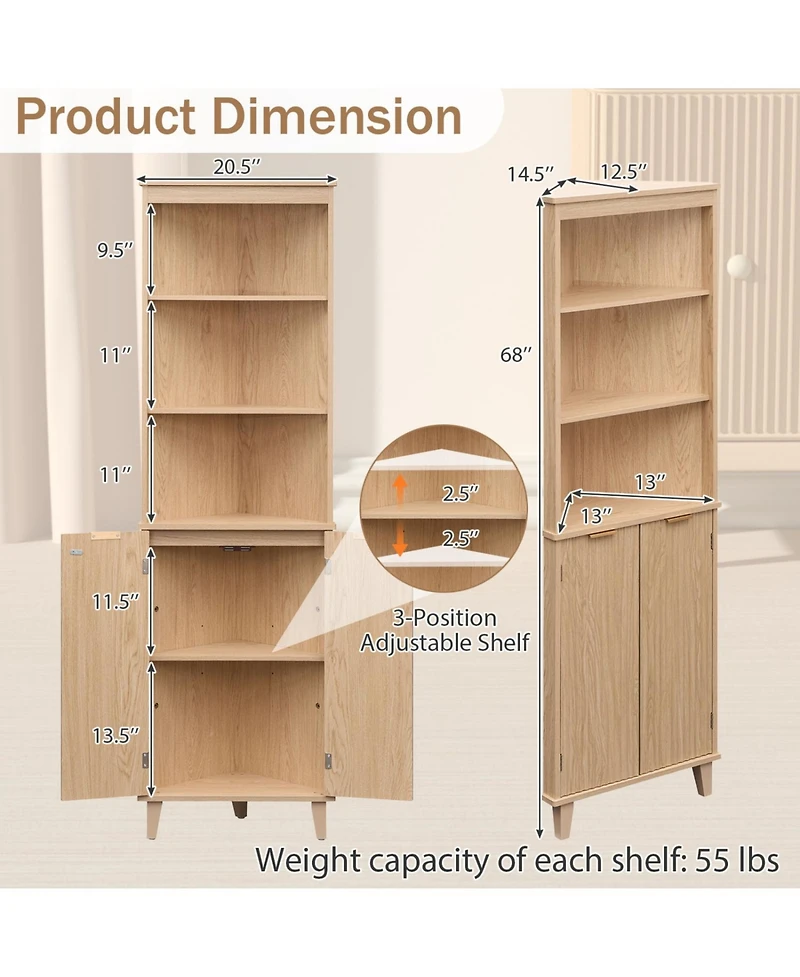 Volenca 68-in Tall Corner Bathroom Cabinet with Fluted Doors, 55-lb per Shelf