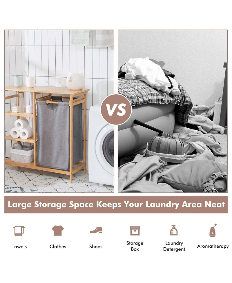 Volenca Bamboo Laundry Hamper Stand with Removable Sliding Bag and 3-Tier Open Shelves