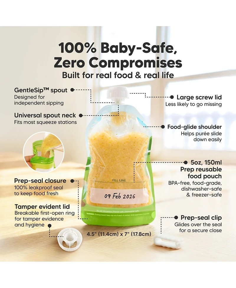 KeaBabies 12-Pack Prep Baby Food Pouch Reusable for Apple Sauce, Breastmilk, 5oz Puree Pouches Toddlers, Kids, First