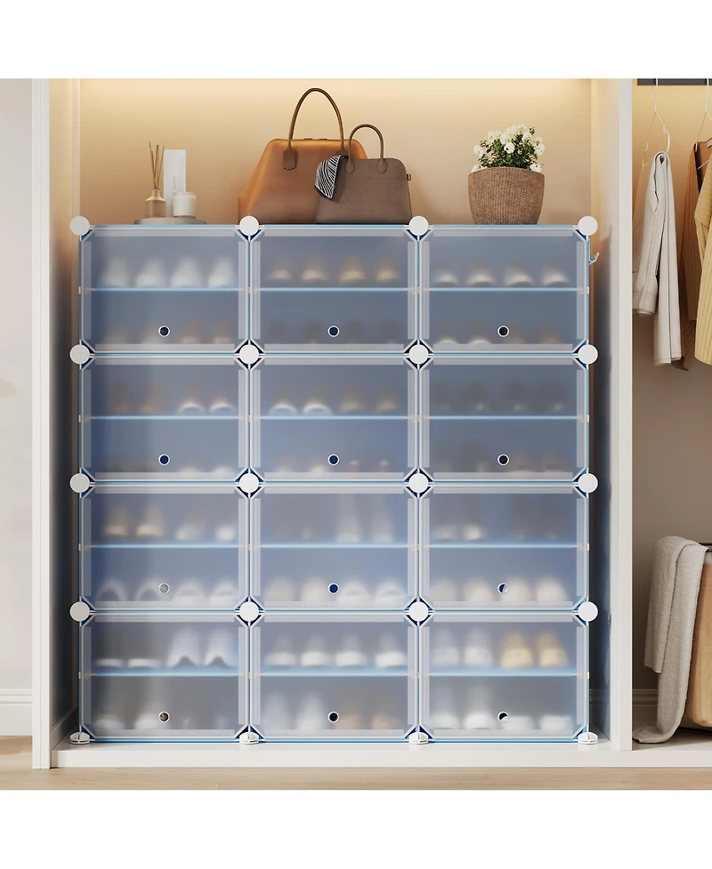 Homfan 8-Tier Sliding Door Shoe Storage Cabinet, Large Capacity Pp Metal Frame Organizer with Side Hooks