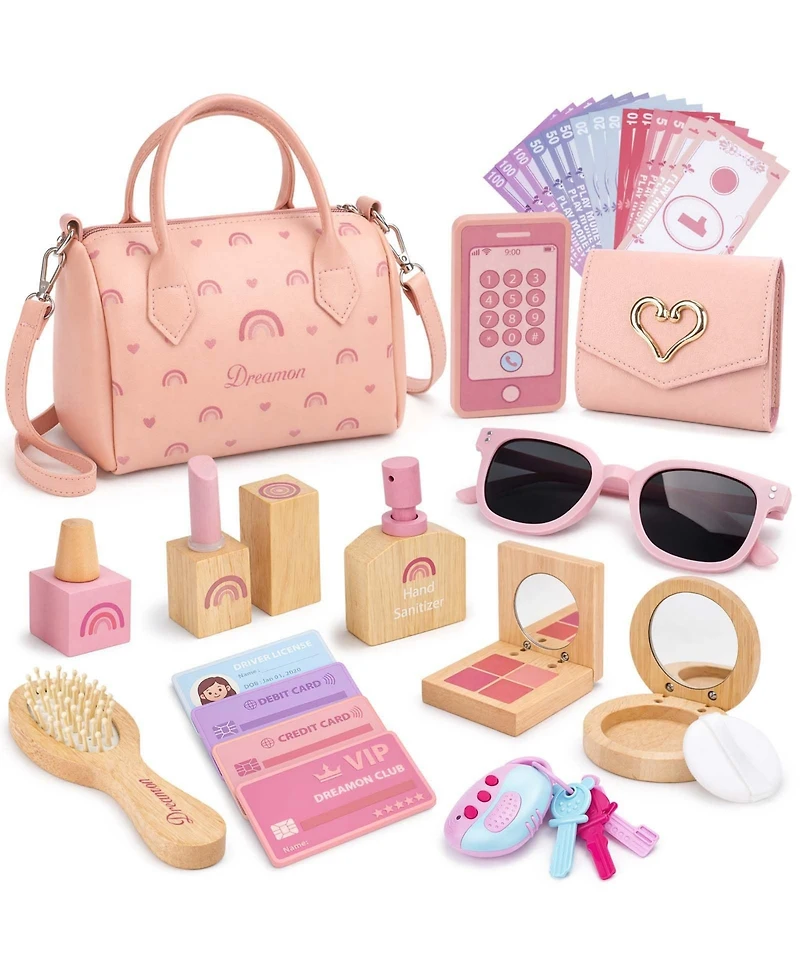 Gnuadz 30PCS Play Purse Wooden Makeup Kit Handbag Phone Wallet Keys Princess Gift 3-6 Year Old