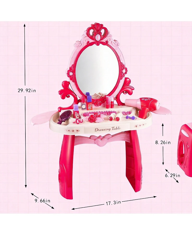 Gnuadz Vanity Makeup Table Mirror Chair Light Music Hair Dryer Toy Gift Kids 2-6 Years